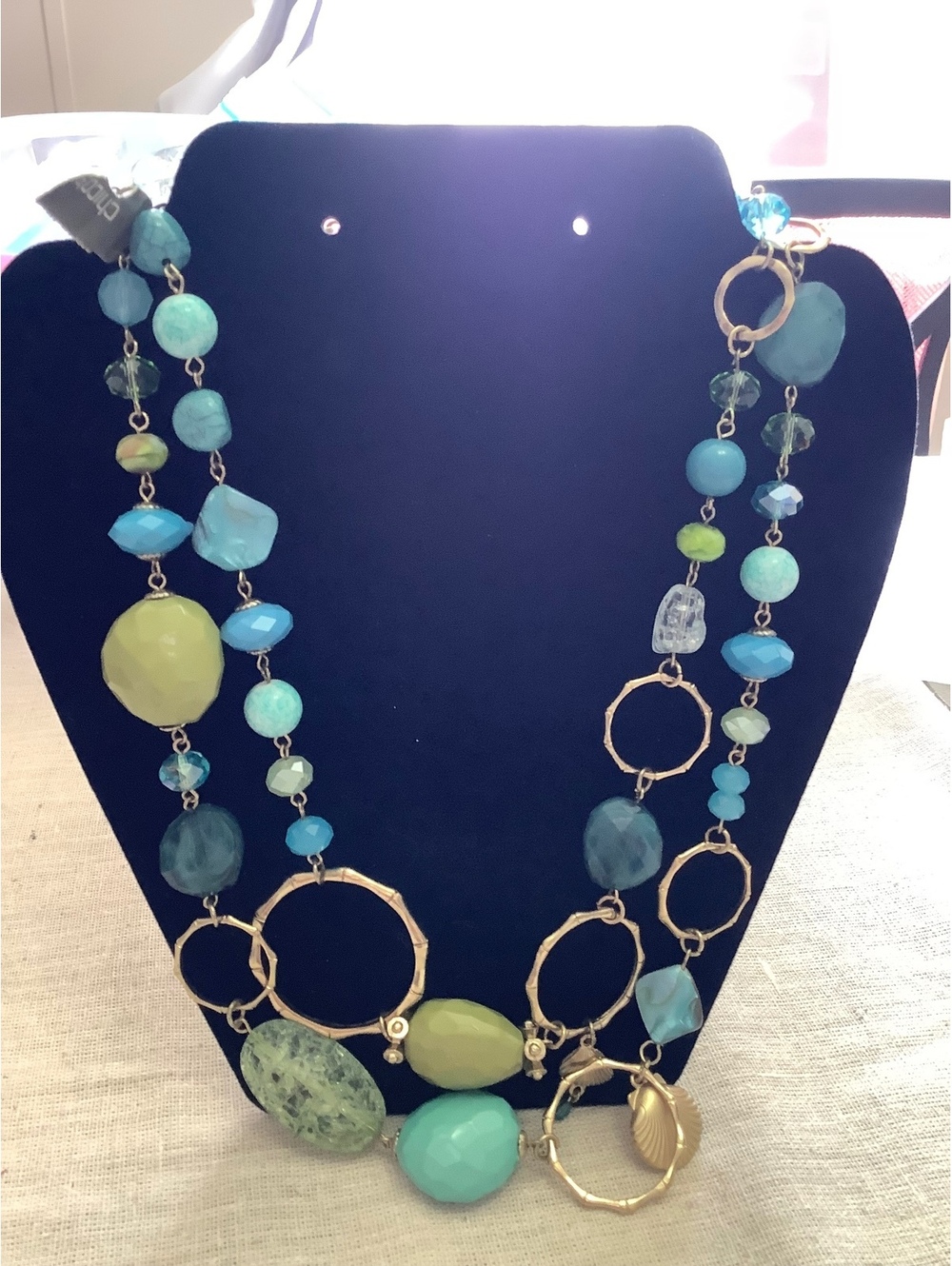Chico's Blue Green Beaded Multi Strand Necklace Gold Tone Seashell Charms